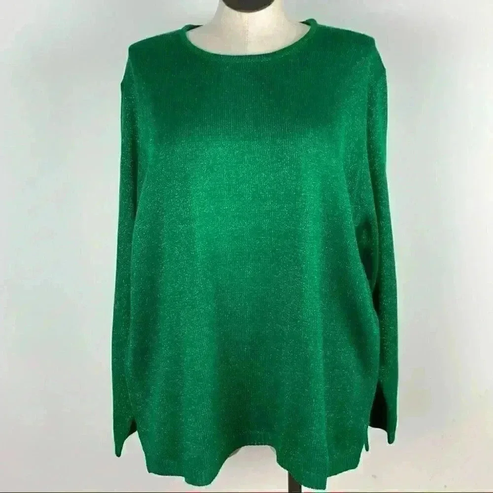 Anthony Richards Womens sweater size 3X green metallic knit vintage 80s 90s